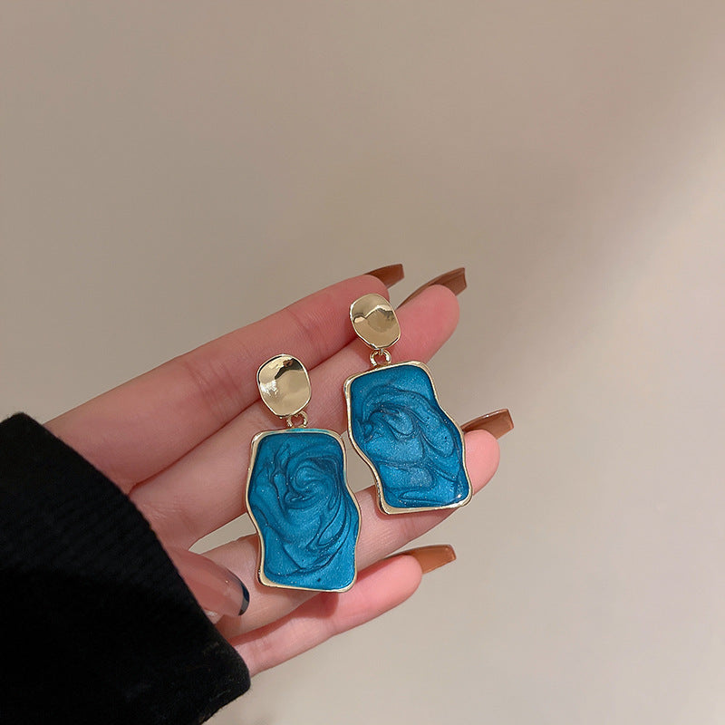 Wholesale Silver Needle Wrinkled Blue Irregular Metal Earrings